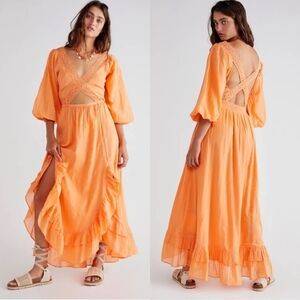 Free People X's And O's Gauze Lace Cut Out Puff Sleeve Maxi Dress Papaya